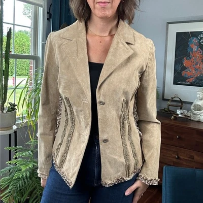 Blazer Vintage Y2K Wilsons Tostado Gamuza Cuero Chaqueta Volantes Leopardo Otoño TALLA L Foto 1 de 4