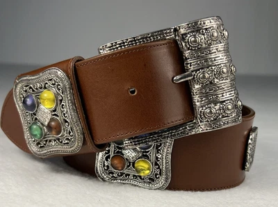 Linea Pelle by Mira K Brown Leather Statement Belt Casual Luxury Silver/Pewter M - Image 1 of 4