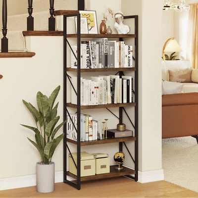 Industrial 4-6 Shelf Wood Bookcase Bookshelf Storage Display Rack Book Shelving - Image 1 of 4