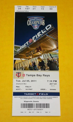 Minnesota Twins Ticket Stub | July 5 2011 | Melvin Upton HR Glen Perkins Save Cover