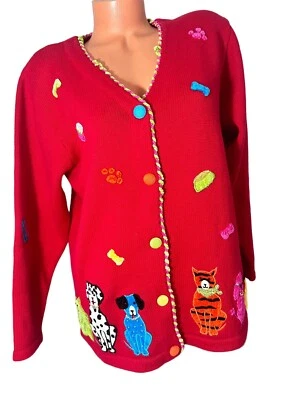 The Quacker Factory Cardigan Sweater Red Embroidered Dog Puppies Paws Medium - Image 1 of 4
