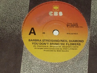 BARBRA STREISAND NEIL DIAMOND *RARE OZ 7" 'YOU DON'T BRING ME FLOWERS' 1978 VGC+ - Image 1 of 2