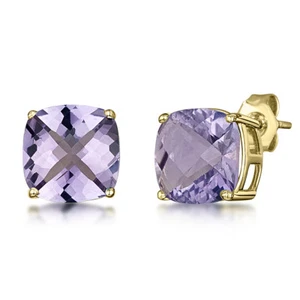 9ct Gold Stud Earrings Cushion Chequerboard Cut Amethyst Claw 8mm - Afbeelding 1 van 3