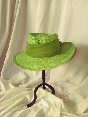 vtg Green Wide Brim Fedora Open-Weave Summer Style Hat w/Scarf sz 6.5"x7" - Image 1 of 4