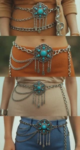 Women Silver Metal Chain Link Belt Turquoise Blue Flower Charm Adjustable XL XXL - Picture 1 of 24