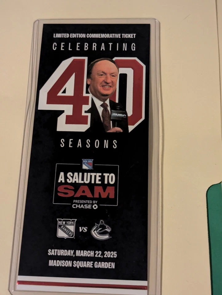 Памятный билет на 40 лет 2025 Sam Rosen NYRANGERS SGA 3/22 A Salute To Sam - Изображение 1 из 1