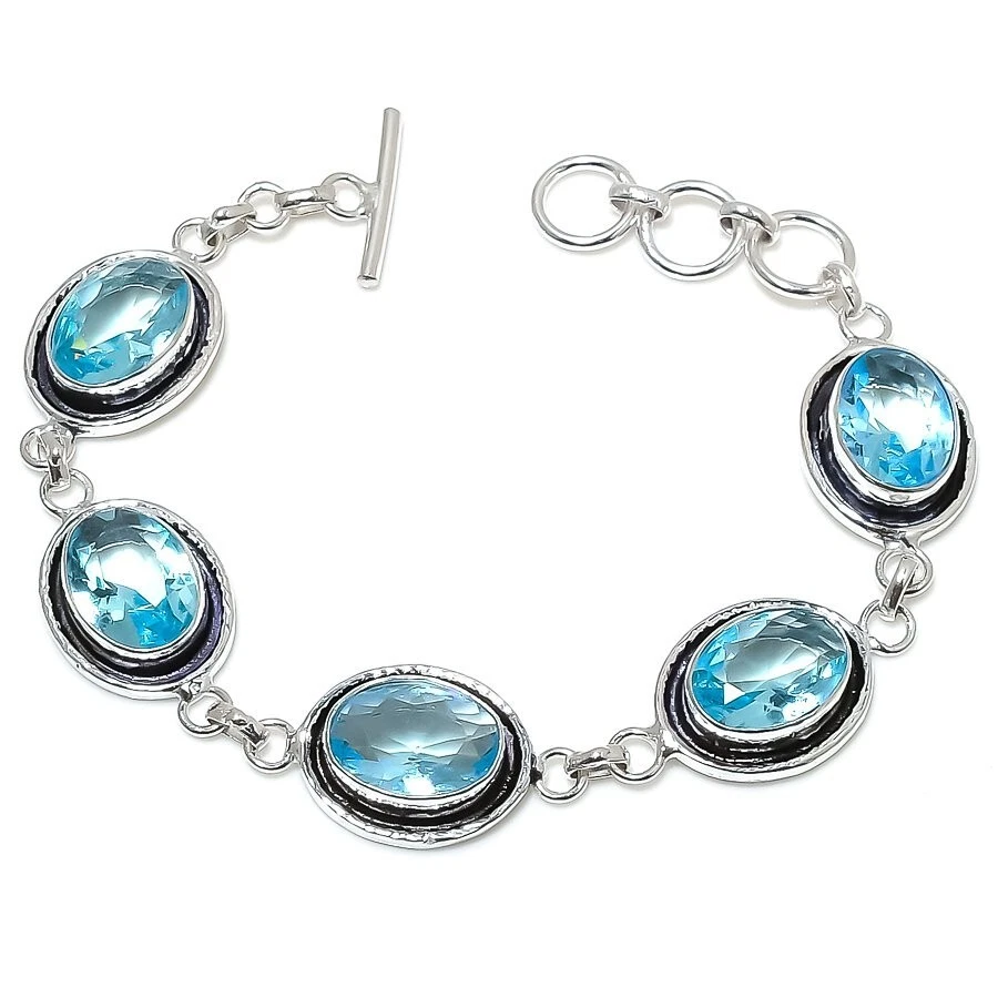 Aquamarine Gemstone Handmade 925 Sterling Silver Bracelet Size 7-8'' - Image 1 of 1