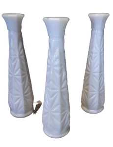 Milk Glass Bud Vase, Lot 3, Tall, Star Burst Pattern, Unique Style Bottoms, 9" T - Picture 1 of 6