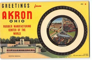 Greetings from AKRON, OHIO-1939 Postcard, Firestone, Goodrich & Goodyear Tire - Picture 1 of 2