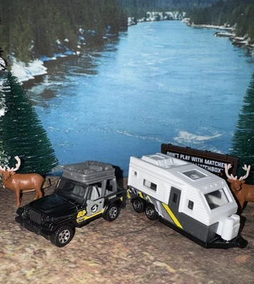 Lote de 2 remolques de viaje Matchbox Camp y Jeep Wrangler nuevos LFFP 1:64 diecast Foto 1 de 4