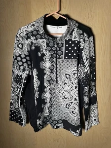 Susan Graver Zip Top XL Black White Paisley Polka Dot Print Blouse EUC - Picture 1 of 3