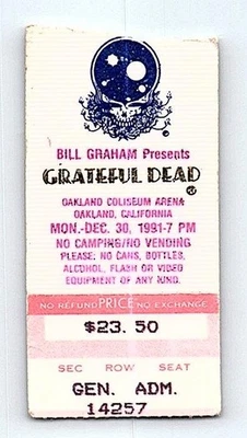 Grateful Dead Mail Order Concert Ticket Stub December 30 1991 Oakland California - Image 1 of 2