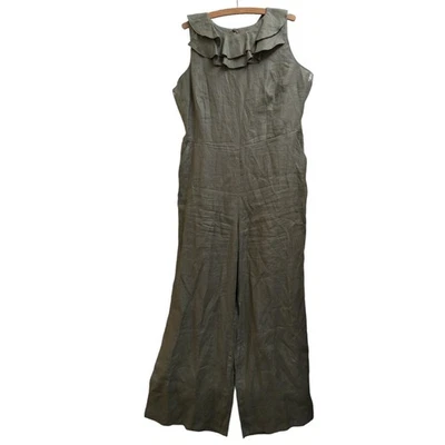 Laura Ashley uk 14 Green Sleeveless 100% Linen Jumpsuit Ruffle Pockets Belted — 第 1/4 张图片