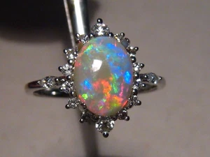 Opal &  Diamond Ring , Solid 14 k white  Gold  , 100 % Natural Australian opal - Picture 1 of 13