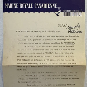 1946 Royal Canadian Navy Press Release Document HMCS Crescent Vintage FRENCH - Picture 1 of 6