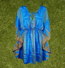 Blue Tunic Kaftan Dresses Women's Travel Caftan Short Dress Mindful Fashion M-XL