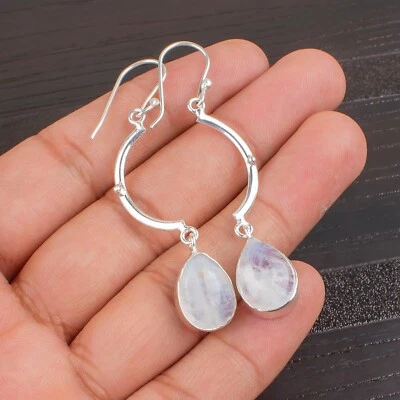 Pendientes de gancho de piedras preciosas de luna arco iris de plata de ley 925 joyas hechas a mano Foto 1 de 4