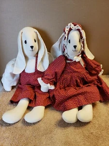 2 Country Farm Stuffed Rabbits Shelf Mantel Sitters Primitive Pioneer - Picture 1 of 7