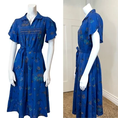 VESTIDO CAMISERO FLORAL VINTAGE AÑOS 80 S Azul Boda Floral Boho Pradera Cottagecore Foto 1 de 4