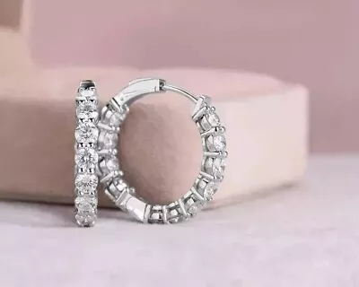 2CT Round Cut Real Moissanite Women Huggie Hoop Earring 14K White Gold Plated - Image 1 of 4