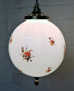 Vintage Ceiling Light Floral Large Milk Glass Globe Pendant 1970's With Rose etc - Picture 1 of 14