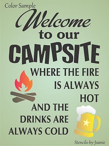 Cartel artístico Joanie Stencil bienvenida camping fuego caliente bebidas frías cerveza divertida cabina RV - Imagen 1 de 8