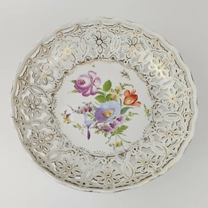 Antique Dresden Porcelain Reticulated Bowl Dolphin Feet Floral Decoration Repair - Picture 1 of 12