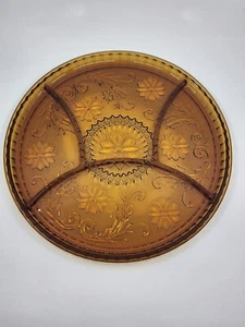 TIARA Sandwich AMBER 10 1/4" Round 4 Part / Section Relish Plate Dish - Picture 1 of 5