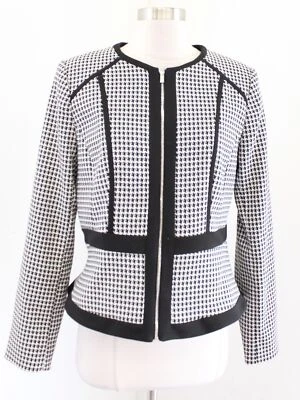 Calvin Klein Black White Geo Houndstooth Print Zip Front Blazer Jacket Size 10 - Image 1 of 4