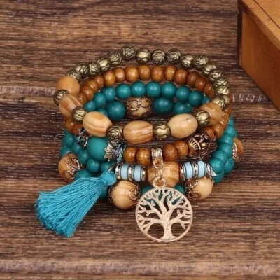 Pulsera multicapa TREE OF LIFE | Cuentas color turquesa y madera con borla Foto 1 de 4