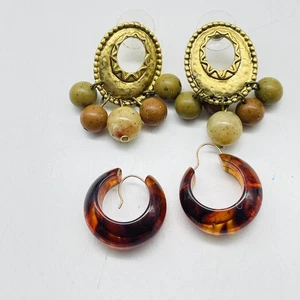 Pierced Earring Lot of 2 Faux Shell Resin Hoops and Gold Tone Beaded Dangles - Picture 1 of 8