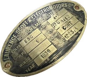 Vintage machine plate Plaque Advertising Sign Laurence Scott Electromotors 1939 - Picture 1 of 7