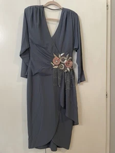 Casadei Vintage 80s Cocktail Vneck Dress Gray/blue Size 10-embellished Waist - Picture 1 of 8