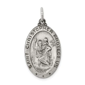 Sterling Silver Antiqued Oval St. Christopher Medal Pendant, 16 x 32mm - Picture 1 of 6