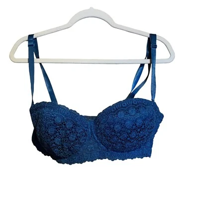 Frederick's Of Hollywood Size 36DD/E Blue Crochet Lace Overlay Padded Bra - Image 1 of 4