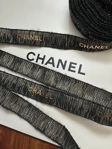 CHANEL Black Glittered & Metallic Gold Lettering Ribbon - 53” Long - Picture 1 of 3