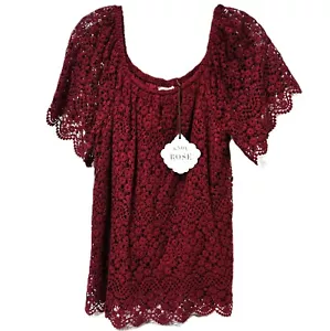 NWT Knox Rose Women's Size M Short Sleeve Boho Top Lined Crochet in Burgundy - Picture 1 of 8