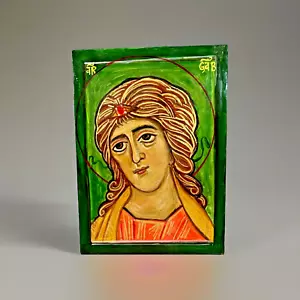 Dipinto originale Arcangelo Gabriele icona religiosa firmato sul retro 5" x 7" - Foto 1 di 11