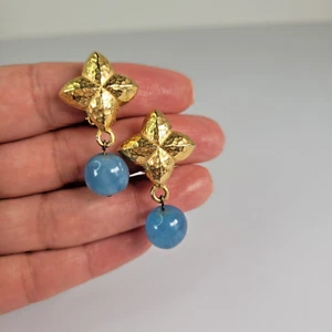 Pendientes de Clip Givenchy Vintage Años 70 Oro Azul Cuelga Francia Firmado París - Imagen 1 de 9
