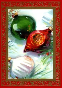 Merry Christmas Classic Red & Green Glass Ornaments Greeting Cards - Set of 6 - Picture 1 of 3