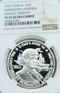 1994 TUKS & CAICOS SILVER 20 CROWNS NORMANY LANDINGS WWII NGC PF 69 ULTRA CAMEO - Picture 1 of 4