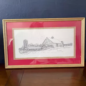 Stampa disegno vintage scena fattoria FIENILE & SILO rosso opaco e incorniciato artista New England - Foto 1 di 7
