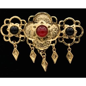 Handarbeit Vintage Cabochon Anstecknadel Brosche Antik Gold Rot Grob NOS Signiert 1980er - Bild 1 von 12