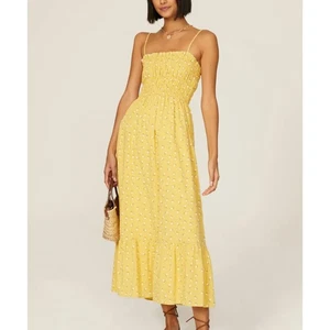Line and Dot Yellow Calico Smocked Midi Nap Dress LARGE Sundress Cotton $143 - Picture 1 of 8
