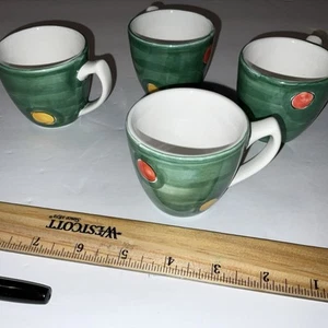 Porcelaine Espresso Cups Green Cups With Yellow, Red, Dots 2 1/2’’ VTG Set of 4 - Picture 1 of 18
