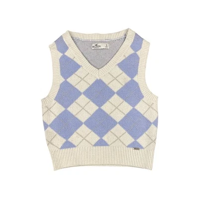 Colete suéter Y2K Hollister Argyle azul bebê creme gola V sem mangas P - Imagem 1 de 4