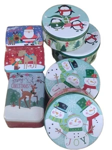 Set of 7 Christmas Cookie Gift Tins – Santa Snowman Reindeer Penguin Holiday Lot - Picture 1 of 17