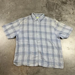 Maximi Linen Shirt Mens XXL Blue Button Up Plaid Short Sleeve Preowned - Picture 1 of 17