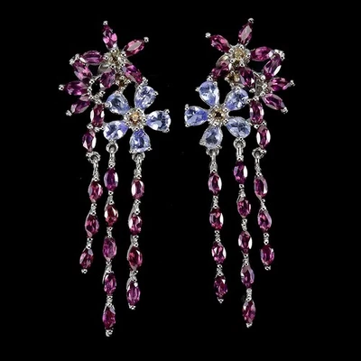 925 Sterling Silver Earrings Pear Tanzanite Rhodolite Sapphire Gemstone Jewelry - Image 1 of 4