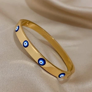 Gold-plated Stainless Steel Evil Eye Bracelet Love Bangle - Picture 1 of 5